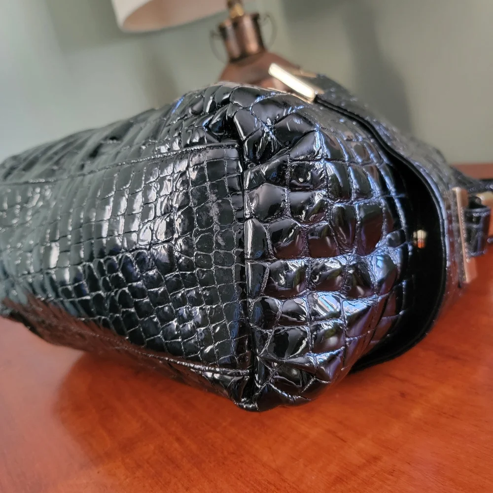 MICHAEL Michael Kors Croc Embossed Black Patent Leather Hobo Bag Y2K